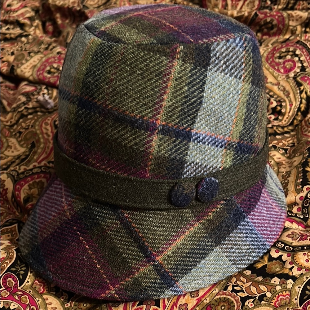 Mucros Weavers Clodagh hat, specifically the purple and green check version